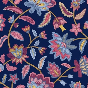 Boho indian floral on dark blue background - bohemian chintz pink and blue