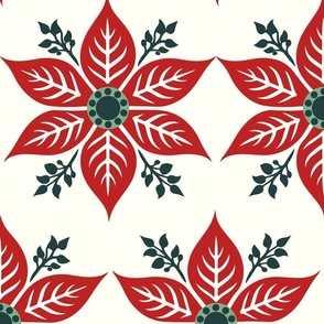 Festive Christmas Poinsettias: Red and Green on Cream Jumbo