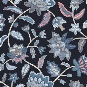 Night moody indian floral on dark blue background - bohemian chintz blue and gray