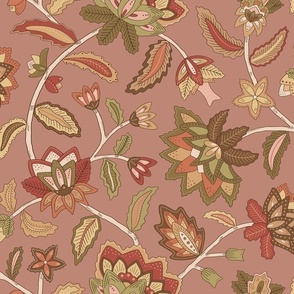 Graphic modern indian floral on blush background - bohemian chintz ochre, green and maroon