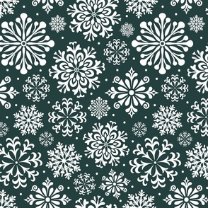 Winter Wonderland: Dark Green and White Snowflake Pattern Large