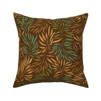 Tangled Leaves Pattern in Burnt Orange, Turquoise & Gold on Dark Brown Background