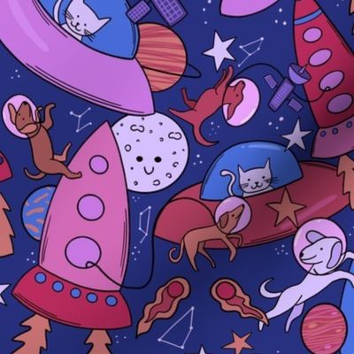 Space dogs and cats pink purple blue