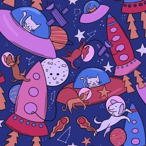 Space dogs and cats pink purple blue