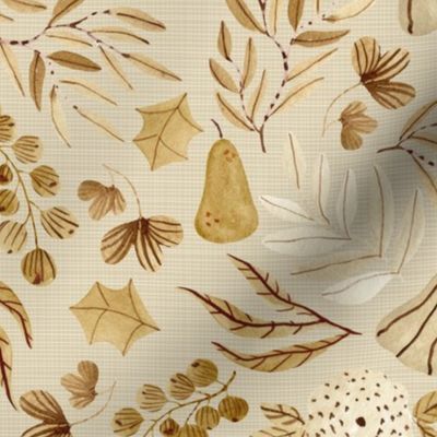 Gold Autumn / Fall, Neutral Earth Tone Leaves Flowers, beige cream gold brown (golden, patt 4) half-scale