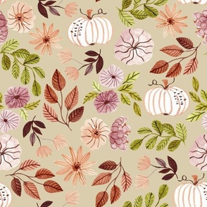 Colorful Fall Floral – Autumn Neutral Earth Tone Leaves Pumpkins Flowers, plum beige peach green brown (golden, patt 3) half-scale