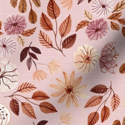 Pink Fall Floral – Autumn Neutral Earth Tone Leaves Pumpkins Flowers, plum beige peach brown (dusty pink, patt 3) half-scale