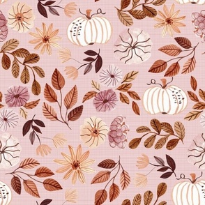 Pink Fall Floral – Autumn Neutral Earth Tone Leaves Pumpkins Flowers, plum beige peach brown (dusty pink, patt 3) half-scale