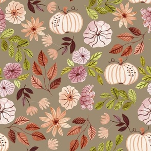 Colorful Fall Floral – Autumn Neutral Earth Tone Leaves Pumpkins Flowers, plum beige peach green brown (mushroom, patt 3) half-scale