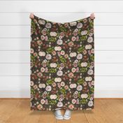 Colorful Fall Floral – Autumn Neutral Earth Tone Leaves Pumpkins Flowers, plum beige peach green brown (olive, patt 3) large scale