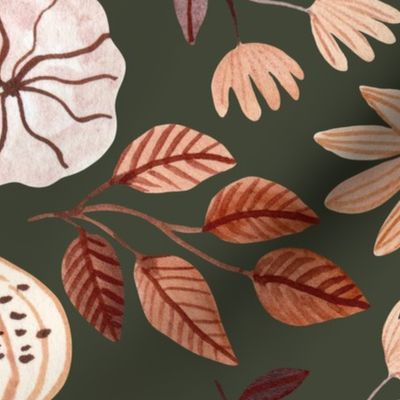 Colorful Fall Floral – Autumn Neutral Earth Tone Leaves Pumpkins Flowers, plum beige peach green brown (olive, patt 3) large scale