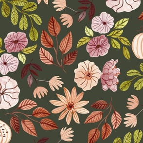 Colorful Fall Floral – Autumn Neutral Earth Tone Leaves Pumpkins Flowers, plum beige peach green brown (olive, patt 3) large scale