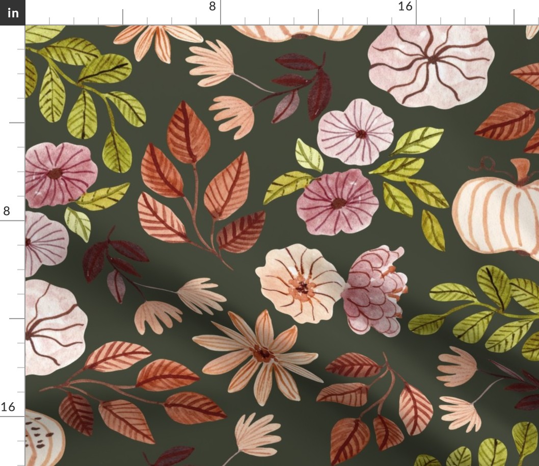 Colorful Fall Floral – Autumn Neutral Earth Tone Leaves Pumpkins Flowers, plum beige peach green brown (olive, patt 3) large scale