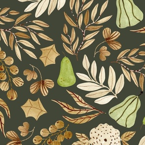 Autumn / Fall, Neutral Earth Tone Leaves Flowers, beige cream green brown (olive, patt 4) large scale