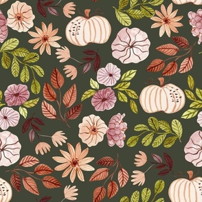 Colorful Fall Floral – Autumn Neutral Earth Tone Leaves Pumpkins Flowers, plum beige peach green brown (olive, patt 3) half-scale