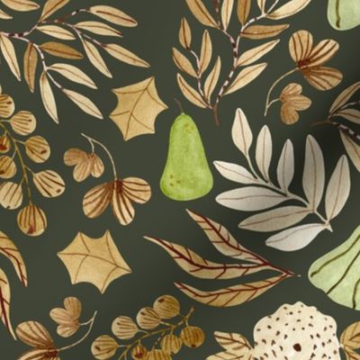 Autumn / Fall, Neutral Earth Tone Leaves Flowers, beige cream green brown (olive, patt 4) half-scale