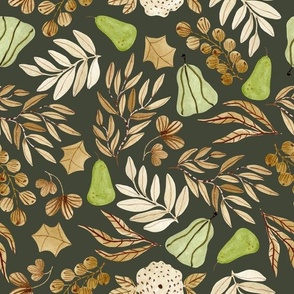 Autumn / Fall, Neutral Earth Tone Leaves Flowers, beige cream green brown (olive, patt 4) half-scale