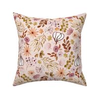 Autumn Floral – Fall Fabric, Neutral Earth Tone Leaves Pumpkins Flowers, plum beige peach green brown (pink cloud, patt 1) half-scale