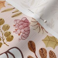 Autumn Floral – Fall Fabric, Neutral Earth Tone Leaves Pumpkins Flowers, plum beige peach green brown (pink cloud, patt 1) half-scale