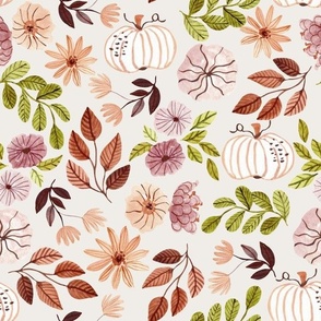 Colorful Fall Floral – Autumn Neutral Earth Tone Leaves Pumpkins Flowers, plum beige peach green brown (bisque, patt 3) half-scale