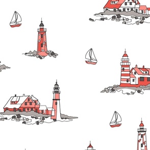 Lighthouse Line Drawings - white black red - extra large scale 01
