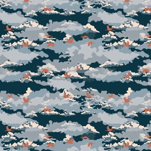 Red cranes in the clouds