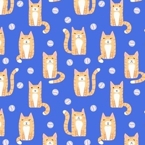 Feline Frisky - Playful Ginger Cat - Tail Swishing Orange and White Kitties on Cobalt Blue Background