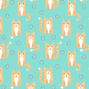 Feline Frisky - Playful Ginger Cat - Tail Swishing Orange and White Kitties on Teal Background