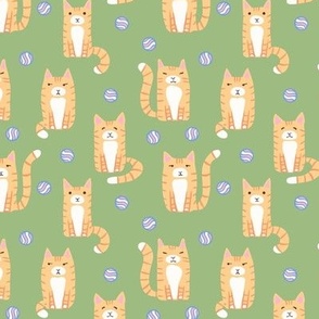 Feline Frisky - Playful Ginger Cat - Tail Swishing Orange and White Kitties on Green Background