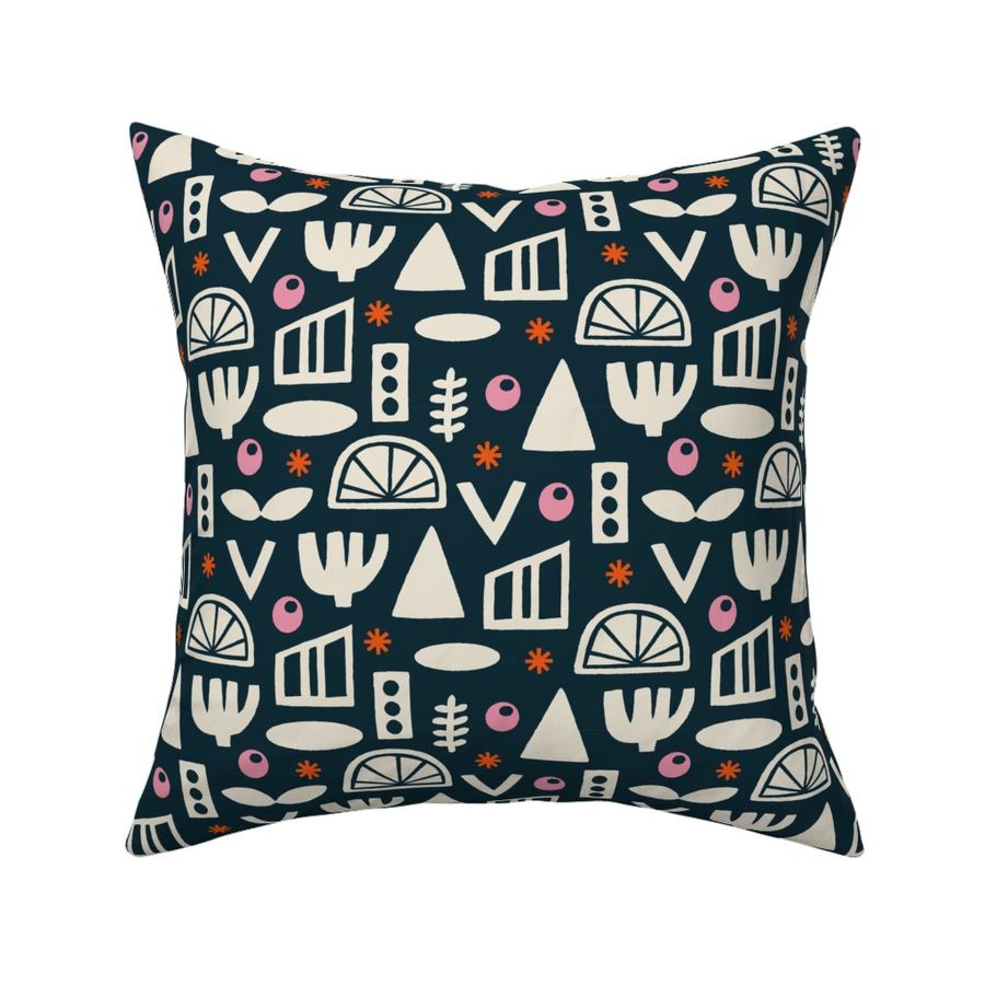 Folk Abstract Shapes Block Print Geometric Dark Navy Blue Pink Tomato Red Asterisk