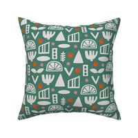 Folk Abstract Shapes Block Print Geometric Teal Green Pink Orange Red