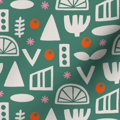 Folk Abstract Shapes Block Print Geometric Teal Green Pink Orange Red