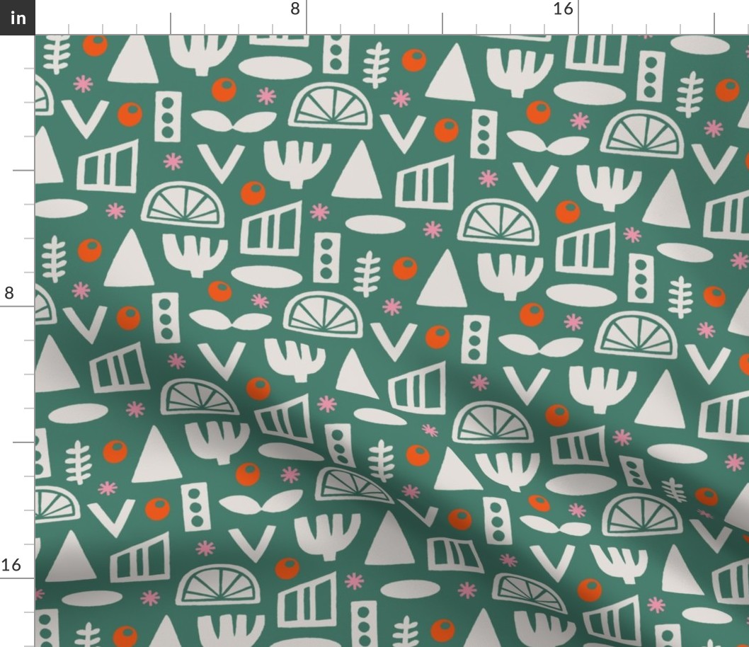 Folk Abstract Shapes Block Print Geometric Teal Green Pink Orange Red