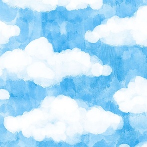Fluffy White Watercolor Clouds in Clear Blue Sky (Large Scale)