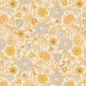 Vintage Nursery Floral on Cream Textured with Gray, Peach & Yellow  