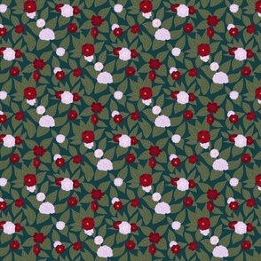 red and white mini floral camellia on teal