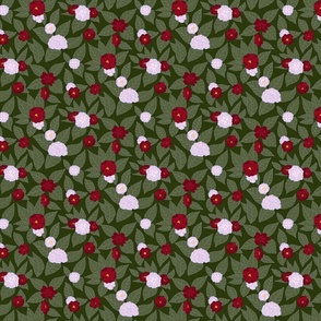 red and white mini floral camellia on dark green