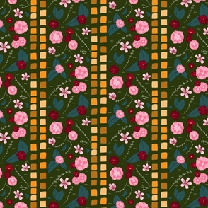 botanical vertical garden path with pink camellias and violets on dark green - small