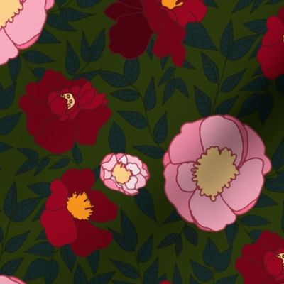 nature floral pink and red camellias on dark green - medium