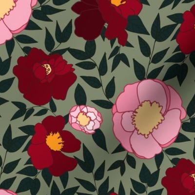 nature floral pink and red camellias on light green - medium