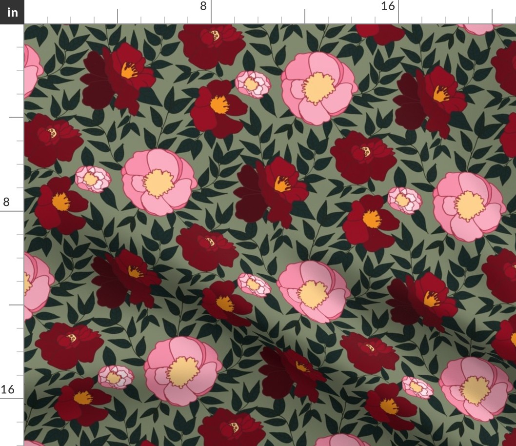 nature floral pink and red camellias on light green - medium