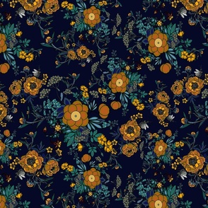 Peony Print Blue and Gold