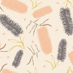 Native Australian Banksia Flowers in Peach + Mauve on Peachy Cream Background