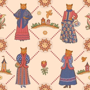 Smartly dressed cats on a beige background. 