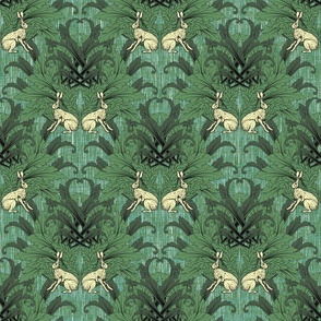 Blue Green Texture Arts and Crafts Hare Pattern, Whimsical 1920s Animal Scallops Design, Modern Vintage Green Leafy Damask