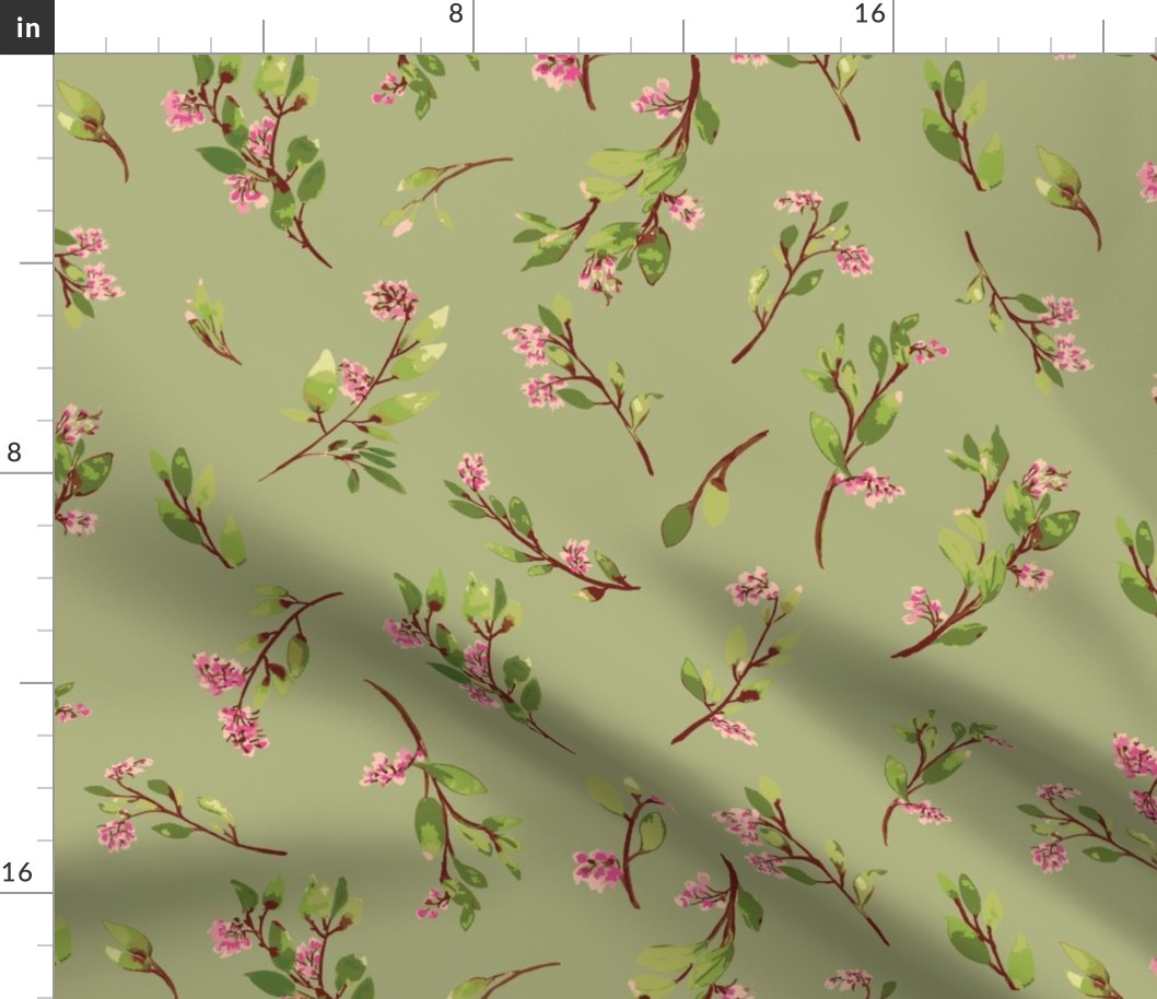 Large Scale Tossed Floral Wildflowers on Pistachio Green