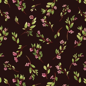 Large Scale Tossed Floral Wildflowers on Chocolate Brown