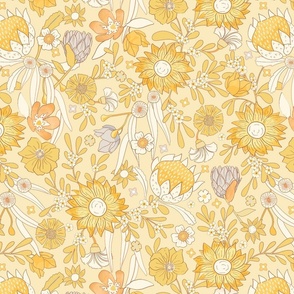 Vintage Nursery Floral on Yellow Textured with Gray, Peach & Cream  
