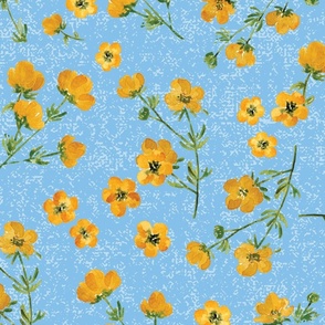 Large Scale Yellow Watercolor Buttercup Flowers on Textured Baby Blue Background