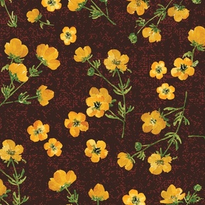 Large Scale Yellow Watercolor Buttercup Flowers on Textured Oxblood Red Background
